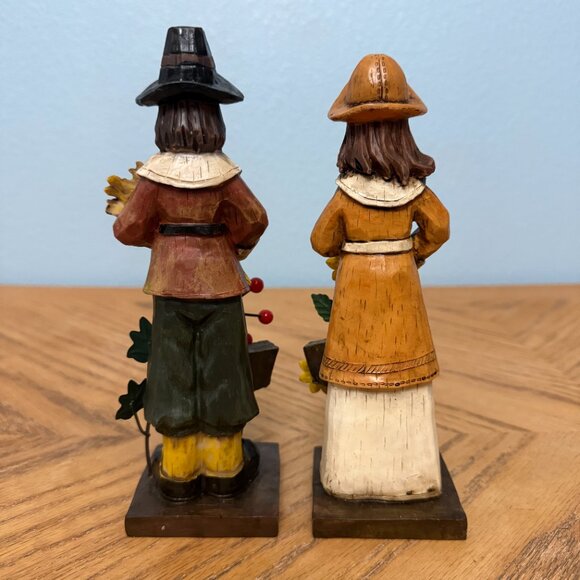 Thanksgiving Wood Pilgrim Couple Figurine Set Vintage 8" Fall Décor - Picture 5 of 11